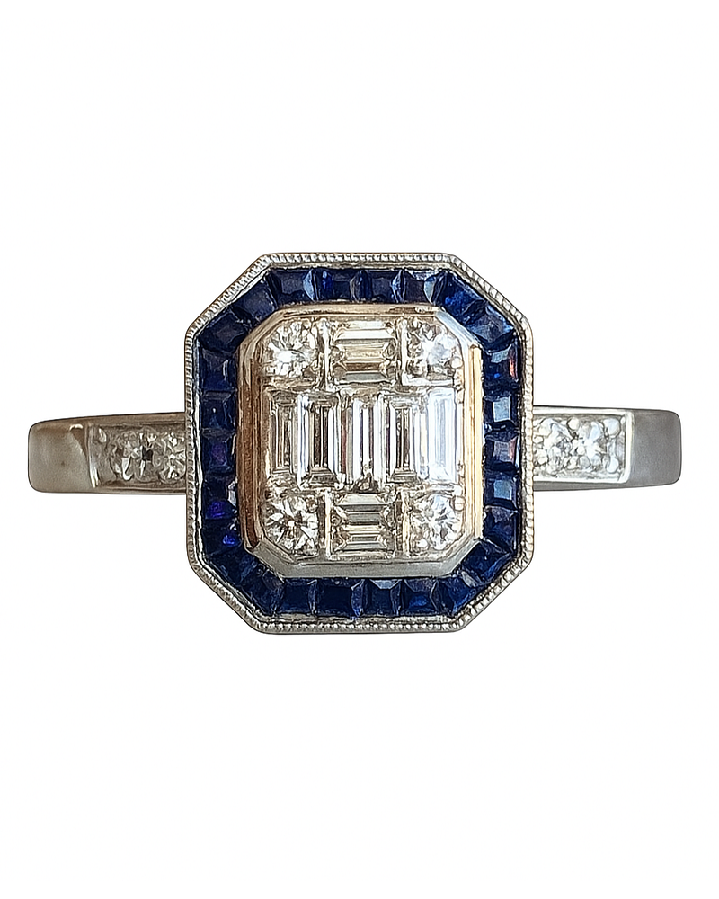 Magnífico Maxi Anillo Zafiros Azules y Diamantes Naturales Oro Blanco 18K