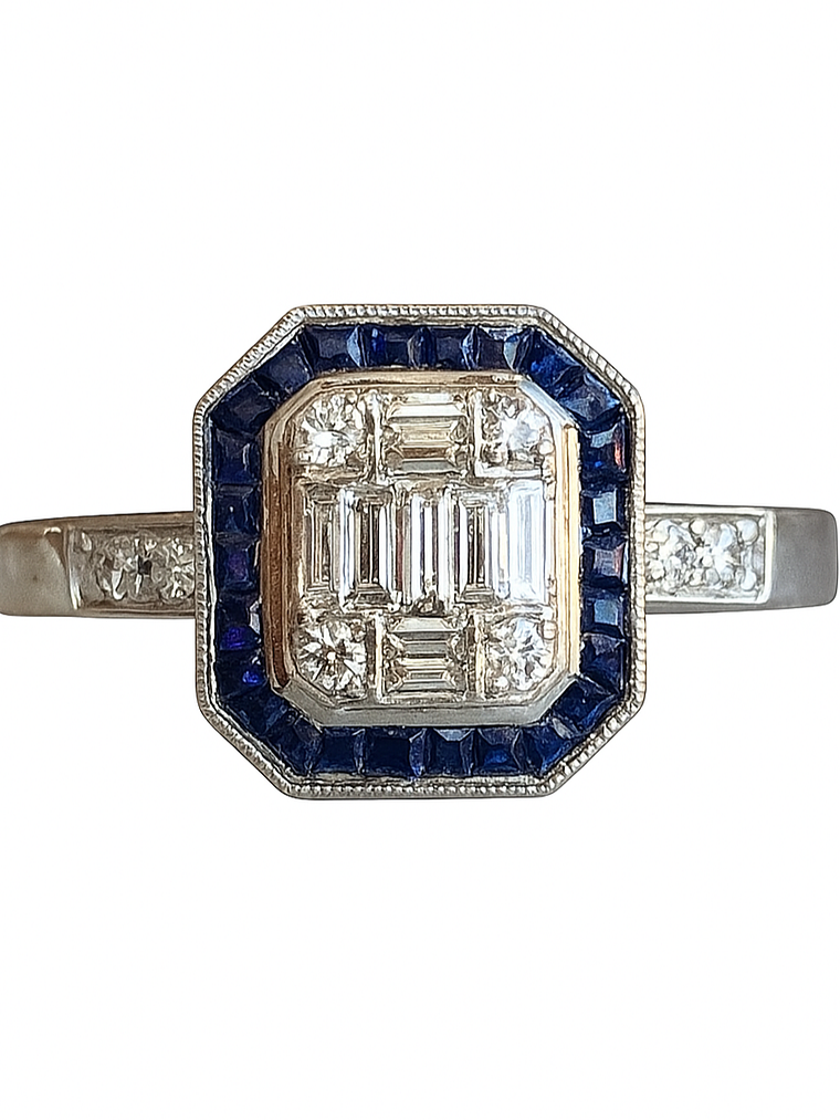 Magnífico Maxi Anillo Zafiros Azules y Diamantes Naturales Oro Blanco 18K 2