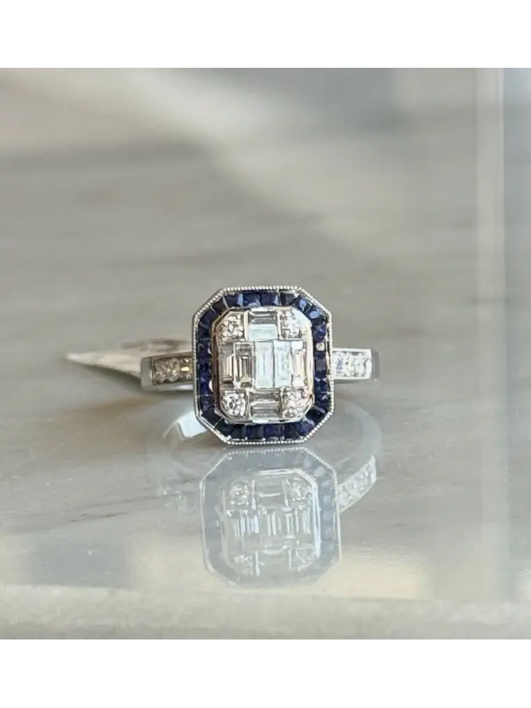 Magnífico Maxi Anillo Zafiros Azules y Diamantes Naturales Oro Blanco 18K 4