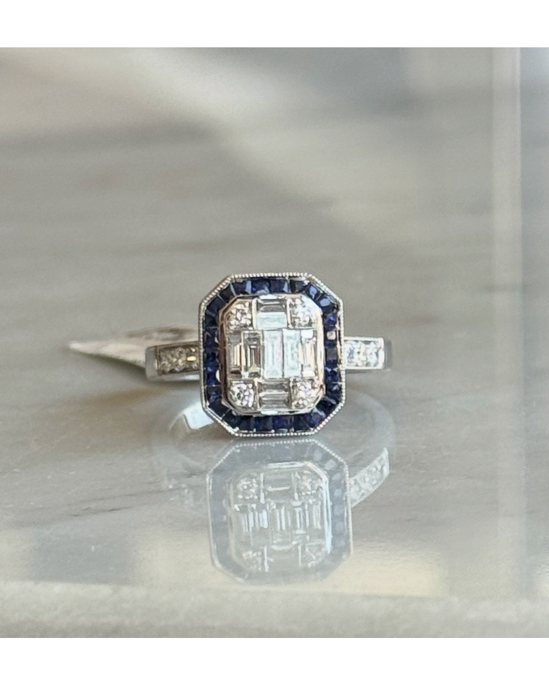 Magnífico Maxi Anillo Zafiros Azules y Diamantes Naturales Oro Blanco 18K