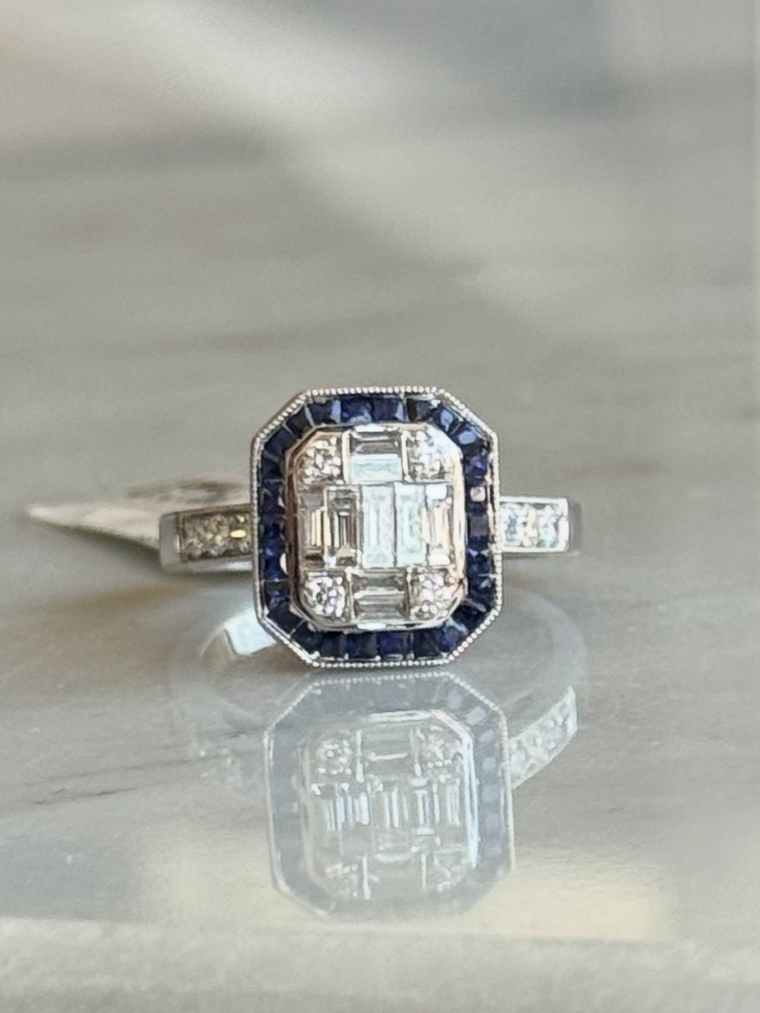 Magnífico Maxi Anillo Zafiros Azules y Diamantes Naturales Oro Blanco 18K 4