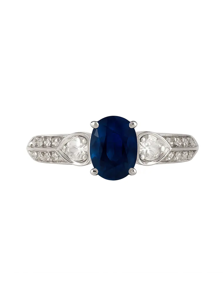 Precioso Anillo Solitario Zafiro Azul Diamantes Laterales Platino 1