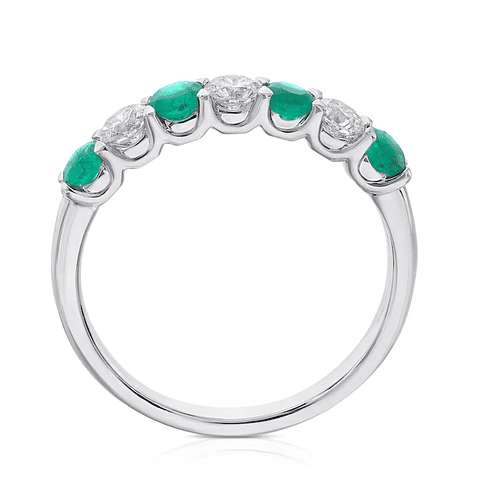 Anillo Cintillo Esmeraldas y Diamantes en Oro Blanco 18K