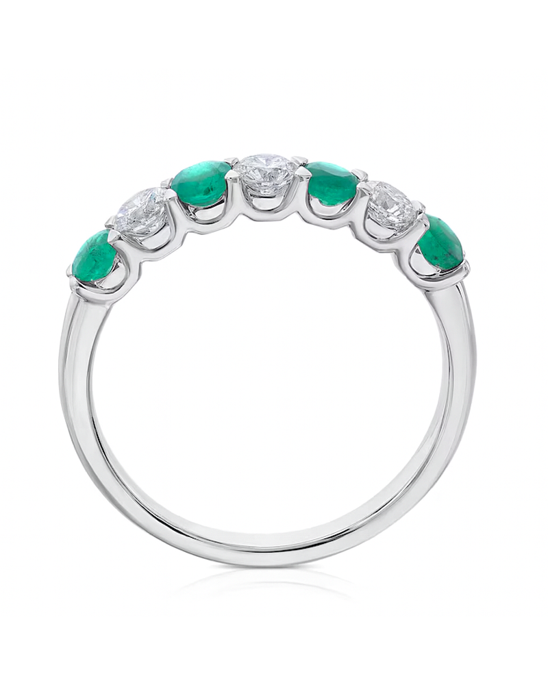 Anillo Cintillo Esmeraldas y Diamantes en Oro Blanco 18K