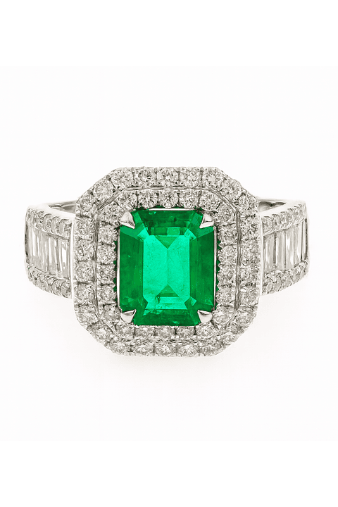 Maxi Anillo Gran Esmeralda Diamantes en Oro Blanco 18K