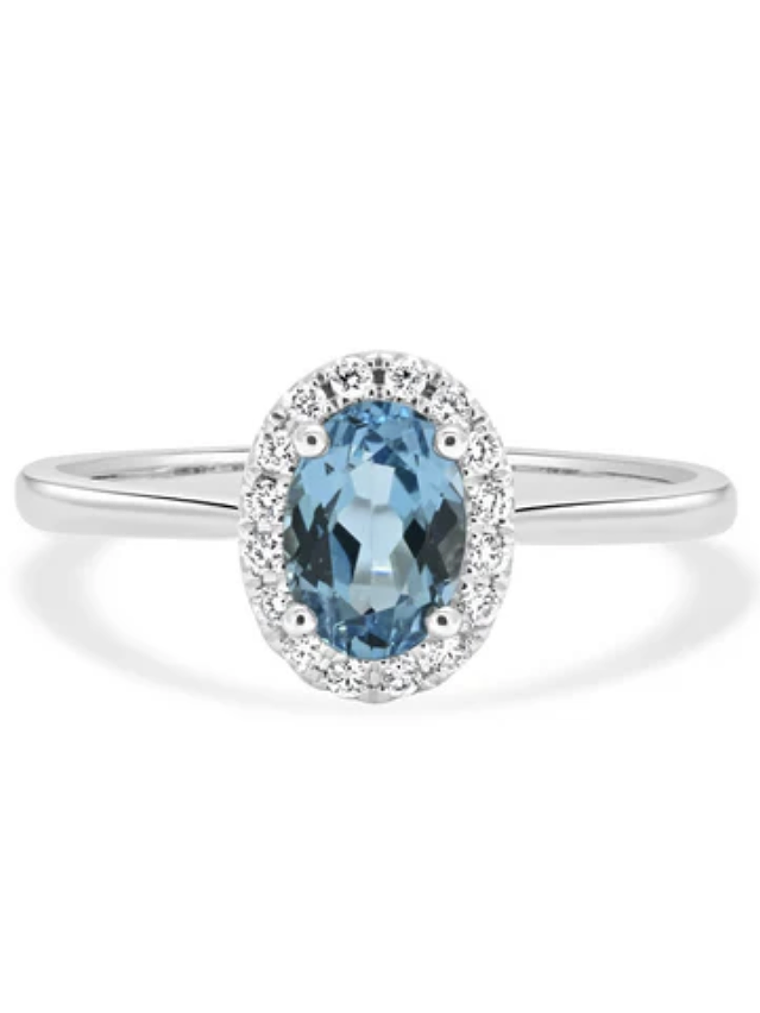 Anillo Aguamarina Ovalada con Halo de Diamantes en Oro Blanco 18K 1