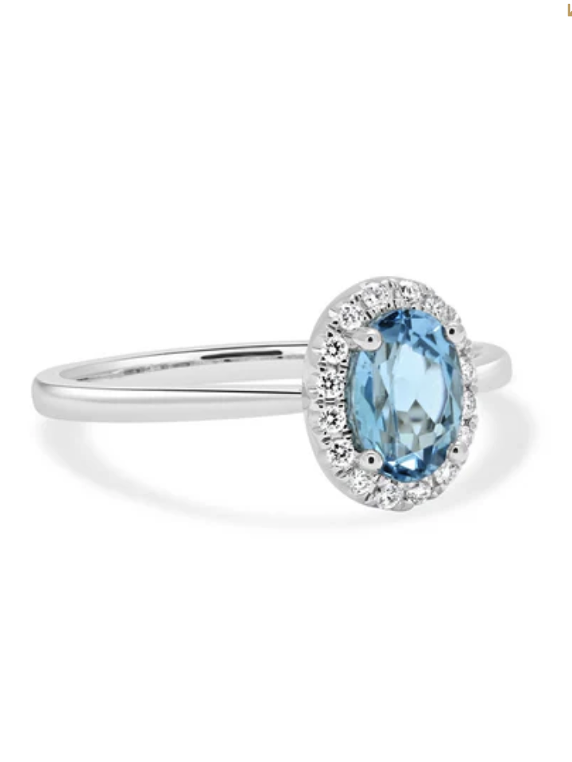 Anillo Aguamarina Ovalada con Halo de Diamantes en Oro Blanco 18K 3