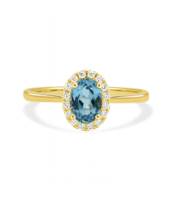 Anillo Aguamarina Ovalada con Halo de Diamantes en Oro Amarillo  18K