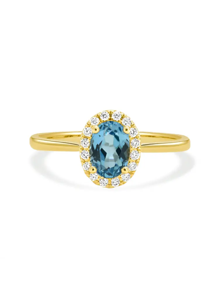 Anillo Aguamarina Ovalada con Halo de Diamantes en Oro Amarillo  18K 1