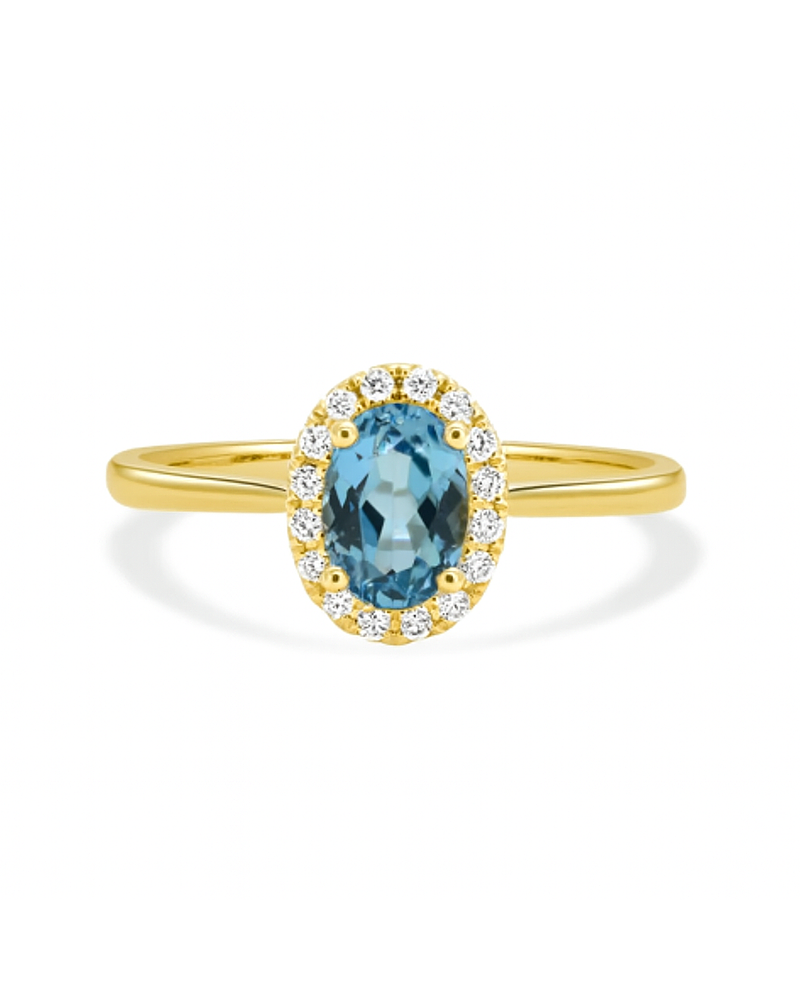 Anillo Aguamarina Ovalada con Halo de Diamantes en Oro Amarillo  18K