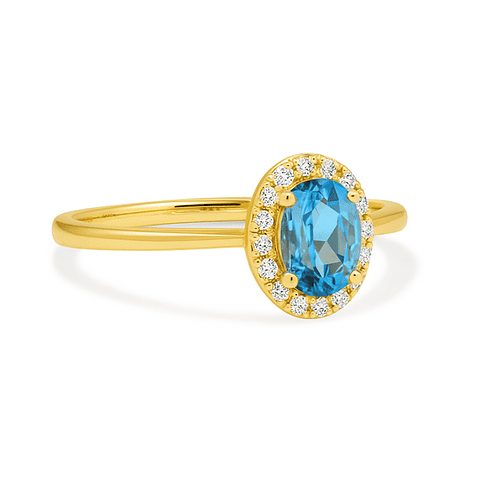 Anillo Aguamarina Ovalada con Halo de Diamantes en Oro Amarillo  18K
