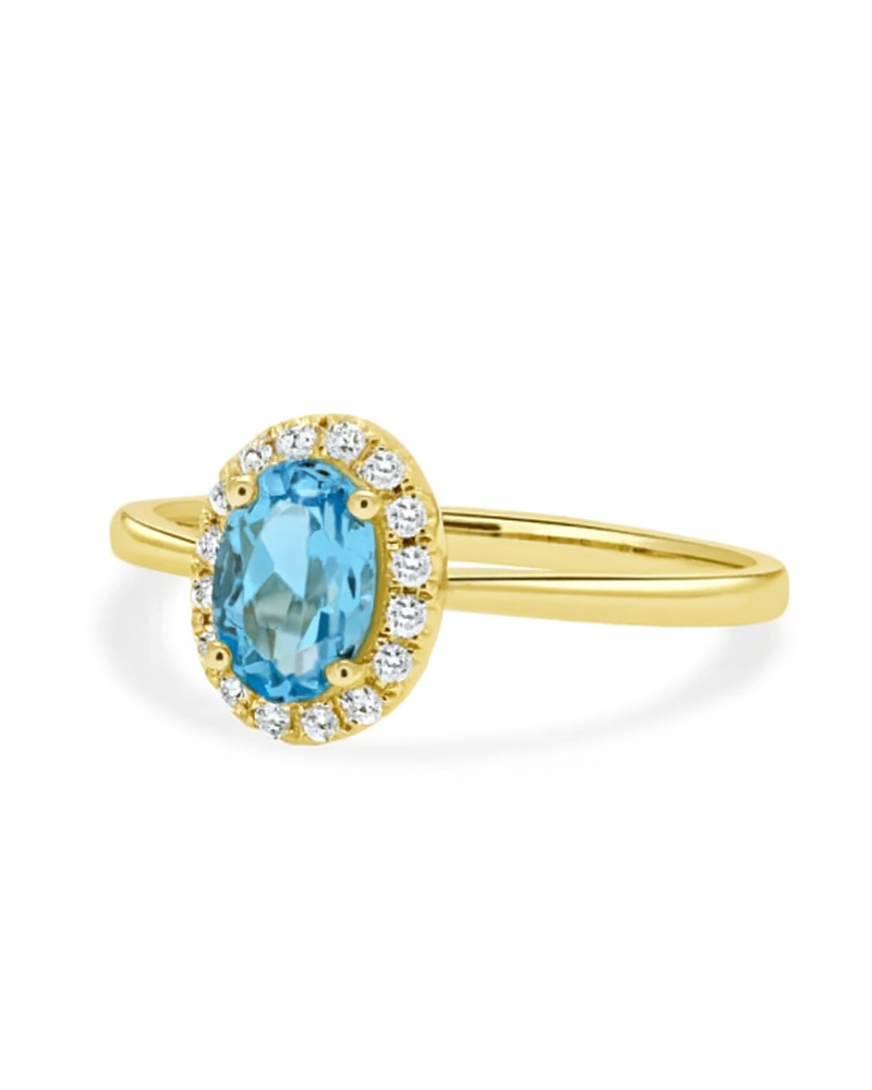 Anillo Aguamarina Ovalada con Halo de Diamantes en Oro Amarillo  18K