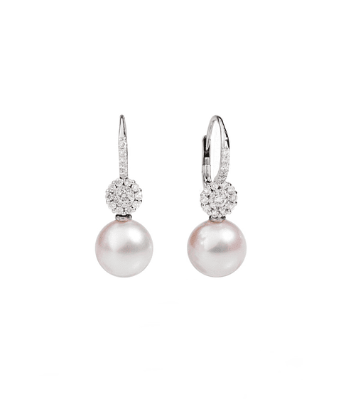 Aros Perlas y Diamantes en Oro Blanco 18K