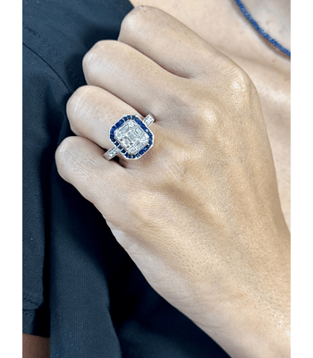 Magnífico Maxi Anillo Zafiros Azules y Diamantes Naturales Oro Blanco 18K