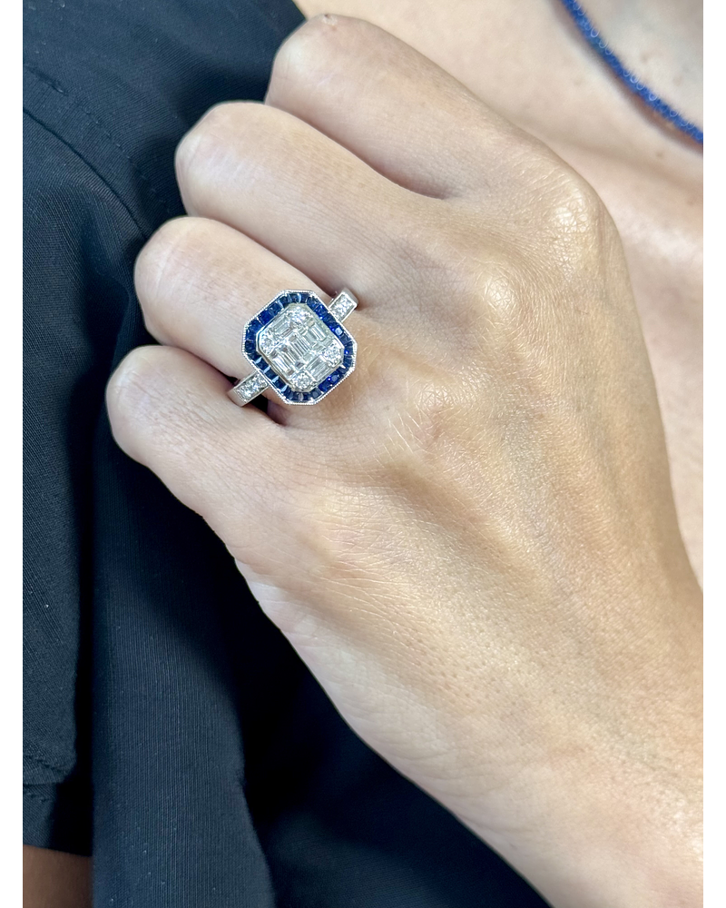 Magnífico Maxi Anillo Zafiros Azules y Diamantes Naturales Oro Blanco 18K