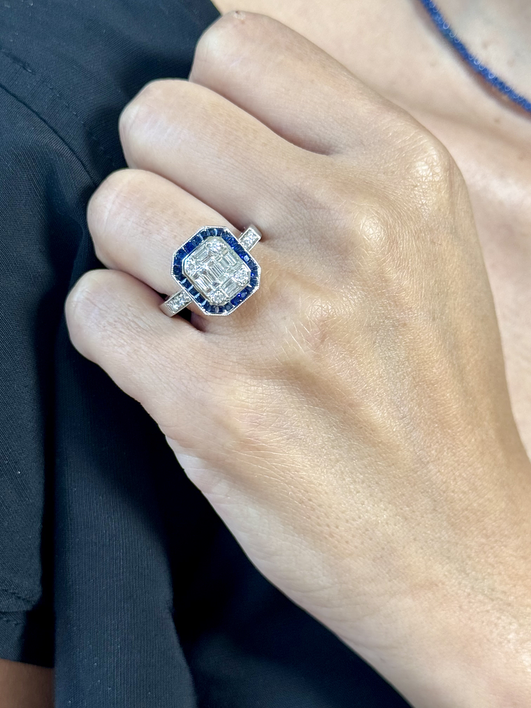 Magnífico Maxi Anillo Zafiros Azules y Diamantes Naturales Oro Blanco 18K 1