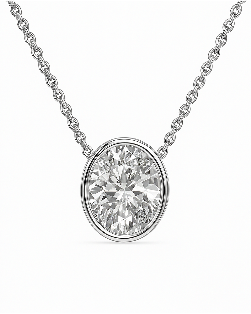 Collar Punto de Luz Diamante Ovalado Bisel en Oro Blanco 18K
