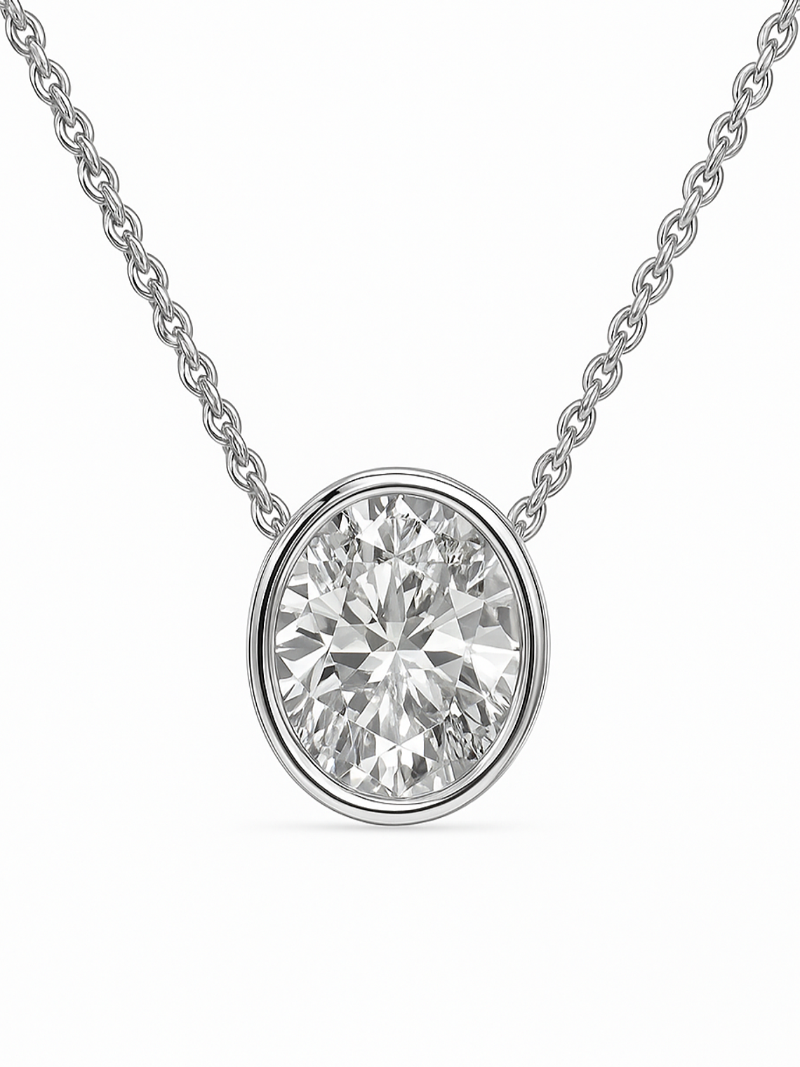 Collar Punto de Luz Diamante Ovalado Bisel en Oro Blanco 18K 3