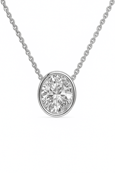 Collar Punto de Luz Diamante Ovalado Bisel en Oro Blanco 18K