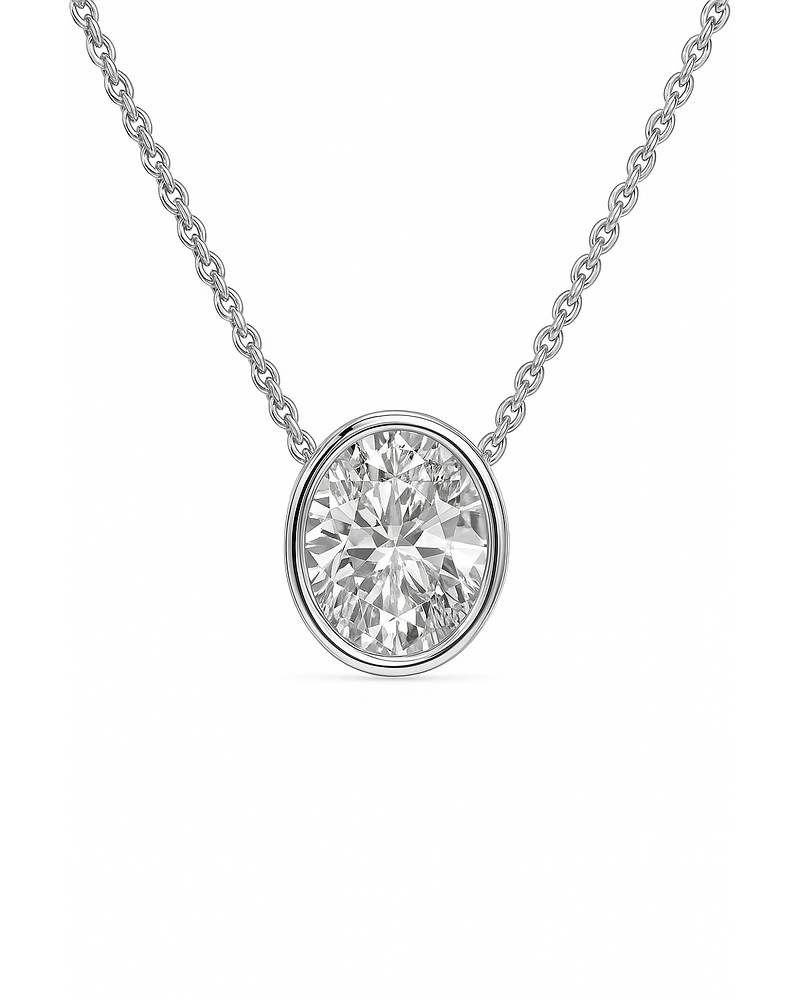 Collar Punto de Luz Diamante Ovalado Bisel en Oro Blanco 18K