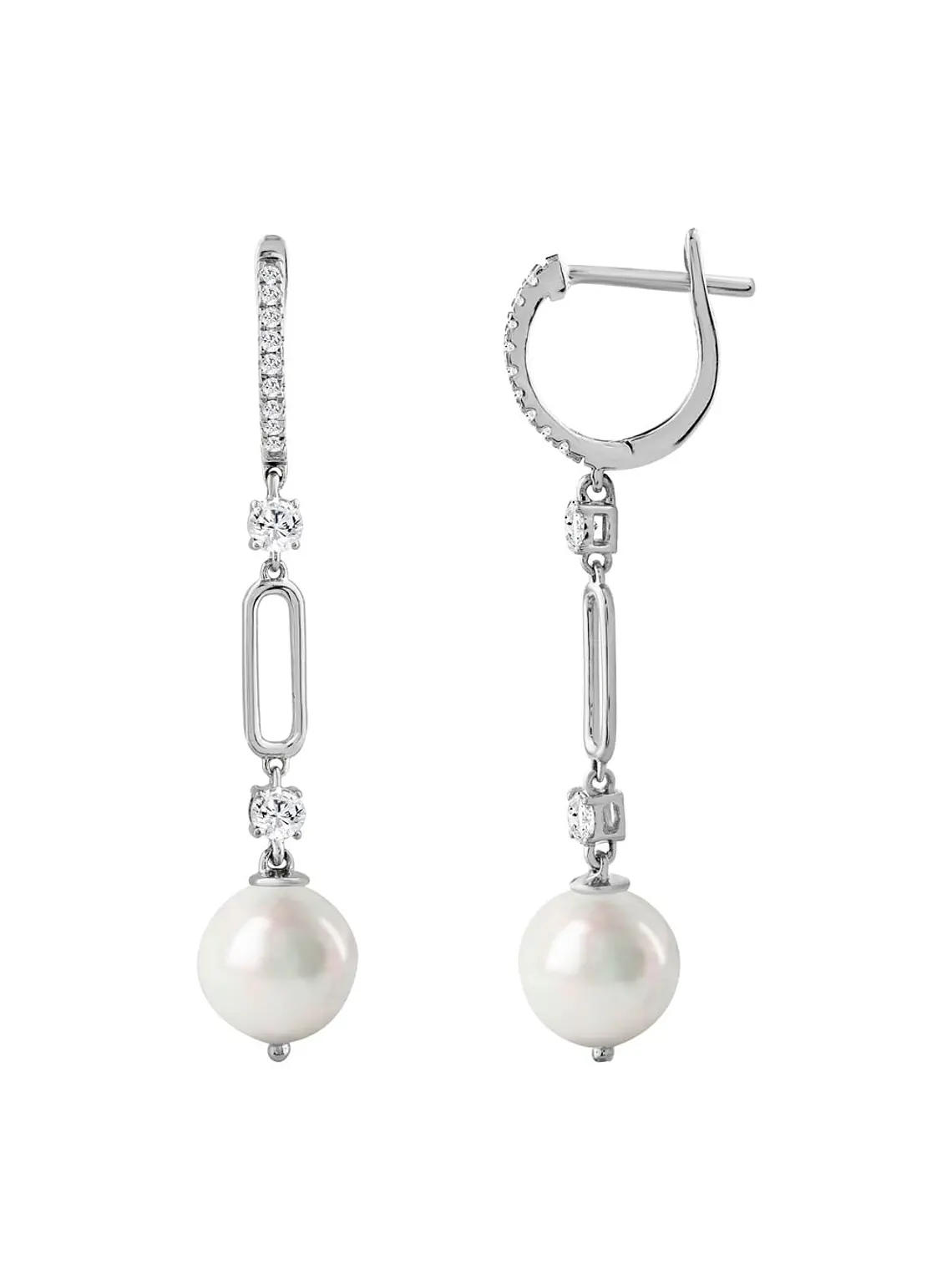 Aros Largos Perlas y Diamantes en Oro Blanco 18K 2