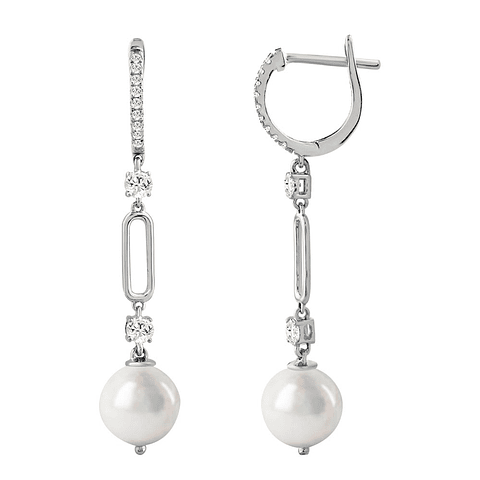 Aros Largos Perlas y Diamantes en Oro Blanco 18K