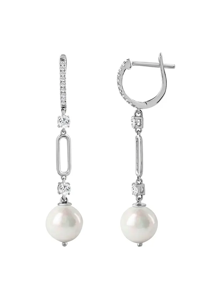 Aros Largos Perlas y Diamantes en Oro Blanco 18K 2