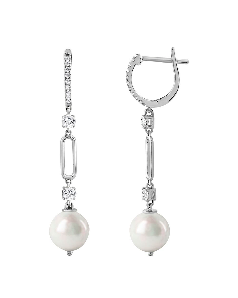 Aros Largos Perlas y Diamantes en Oro Blanco 18K