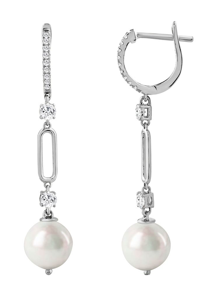 Aros Largos Perlas y Diamantes en Oro Blanco 18K 2