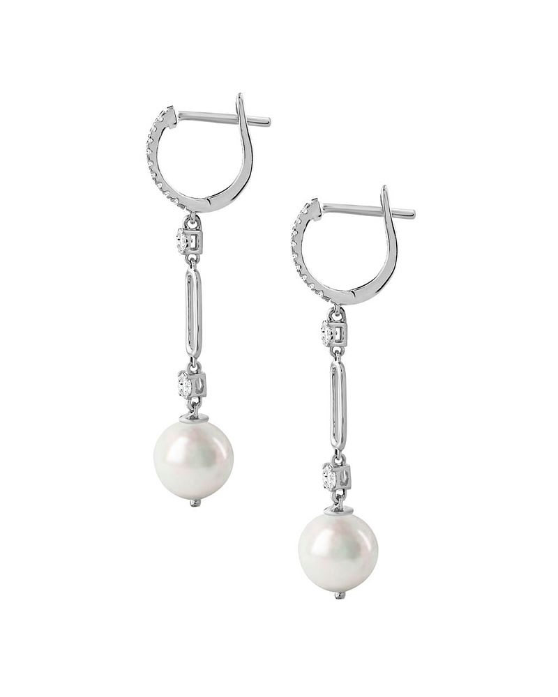 Aros Largos Perlas y Diamantes en Oro Blanco 18K