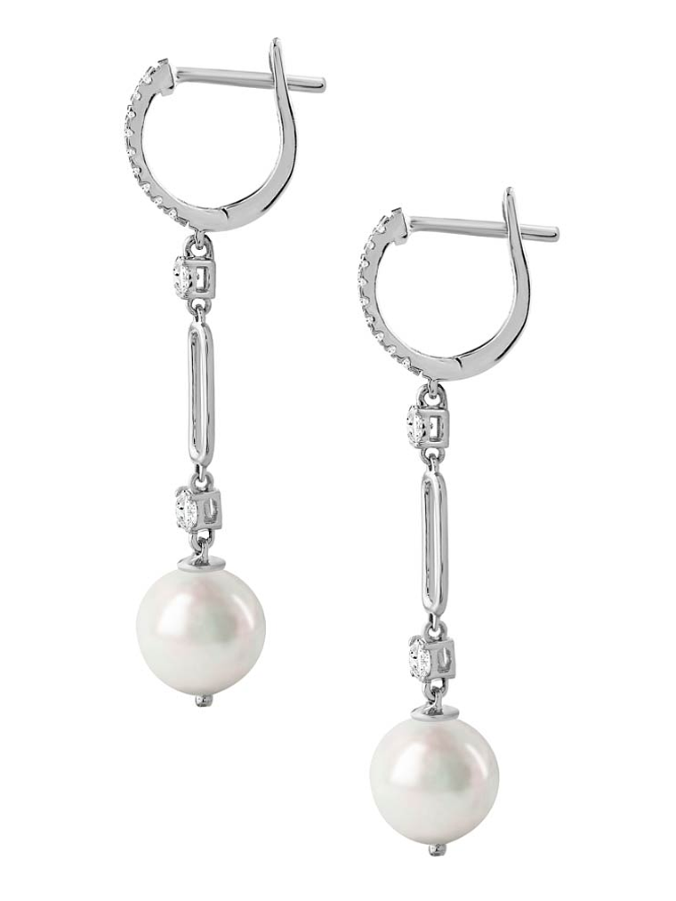 Aros Largos Perlas y Diamantes en Oro Blanco 18K 3