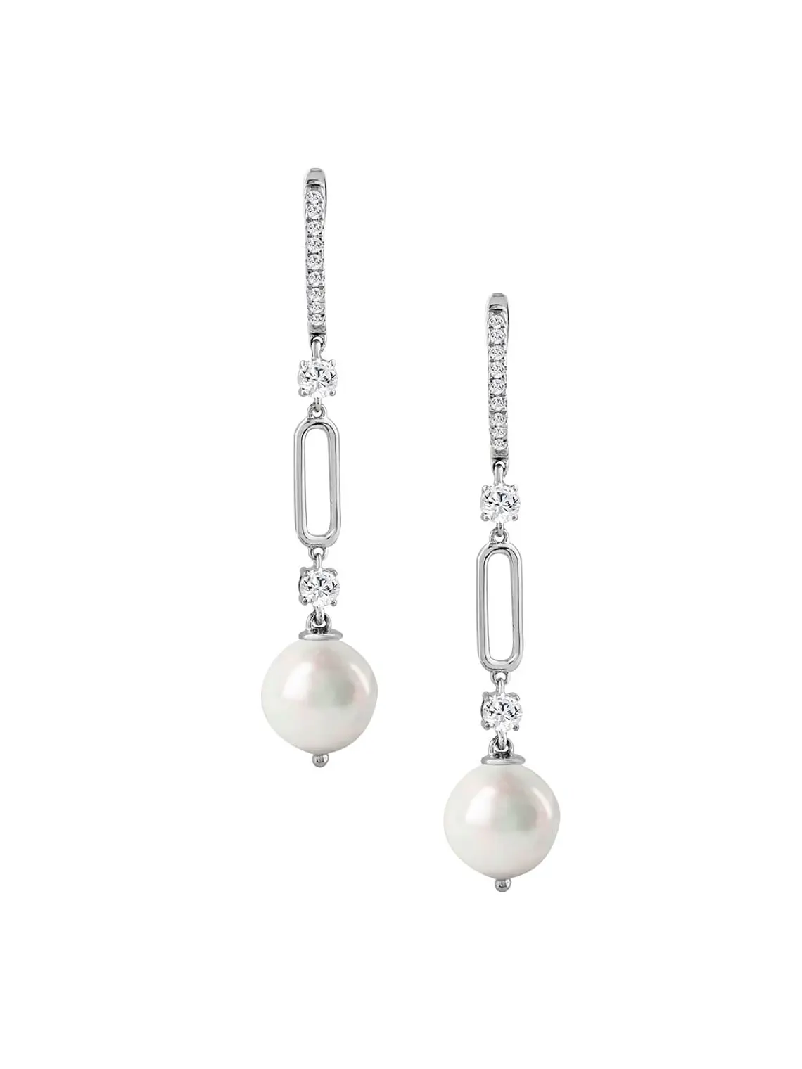 Aros Largos Perlas y Diamantes en Oro Blanco 18K 1