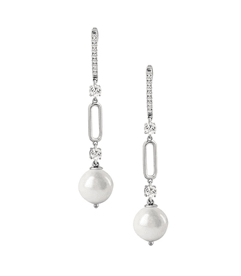 Aros Largos Perlas y Diamantes en Oro Blanco 18K