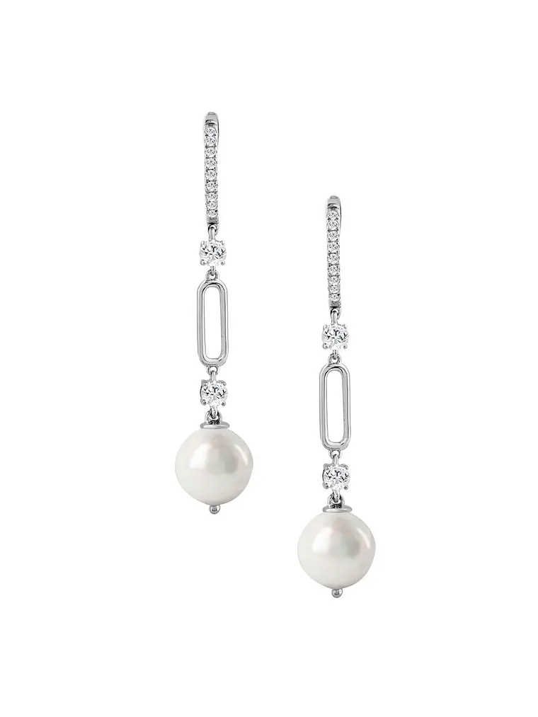 Aros Largos Perlas y Diamantes en Oro Blanco 18K 1