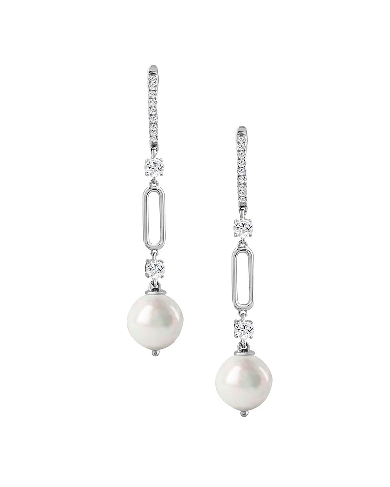 Aros Largos Perlas y Diamantes en Oro Blanco 18K