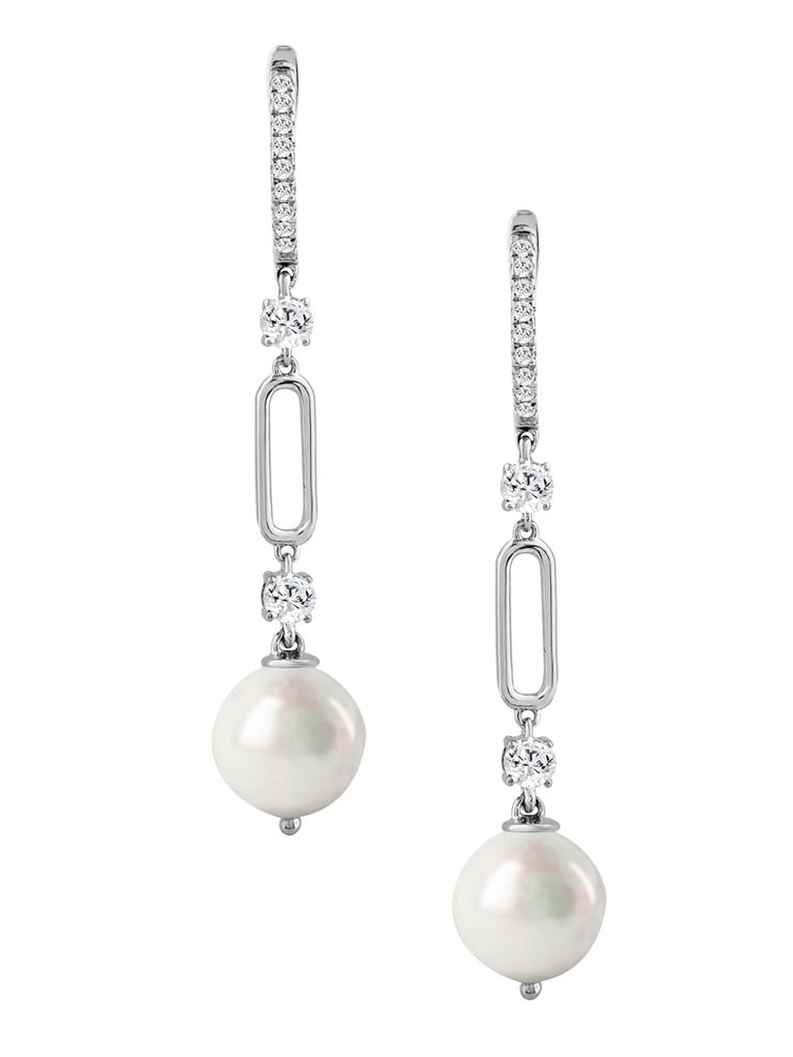 Aros Largos Perlas y Diamantes en Oro Blanco 18K 1