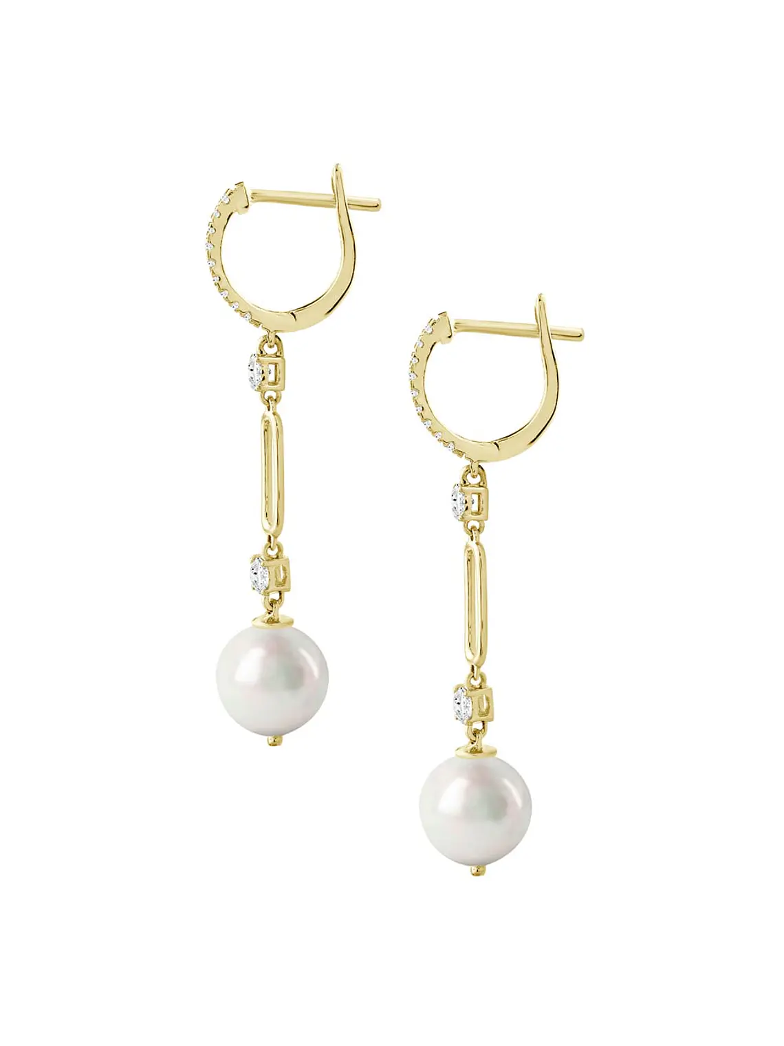 Aros Largos Perlas y Diamantes en Oro Amarillo 18K 2