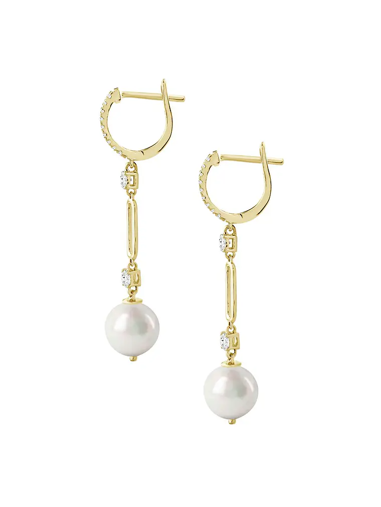 Aros Largos Perlas y Diamantes en Oro Amarillo 18K 2