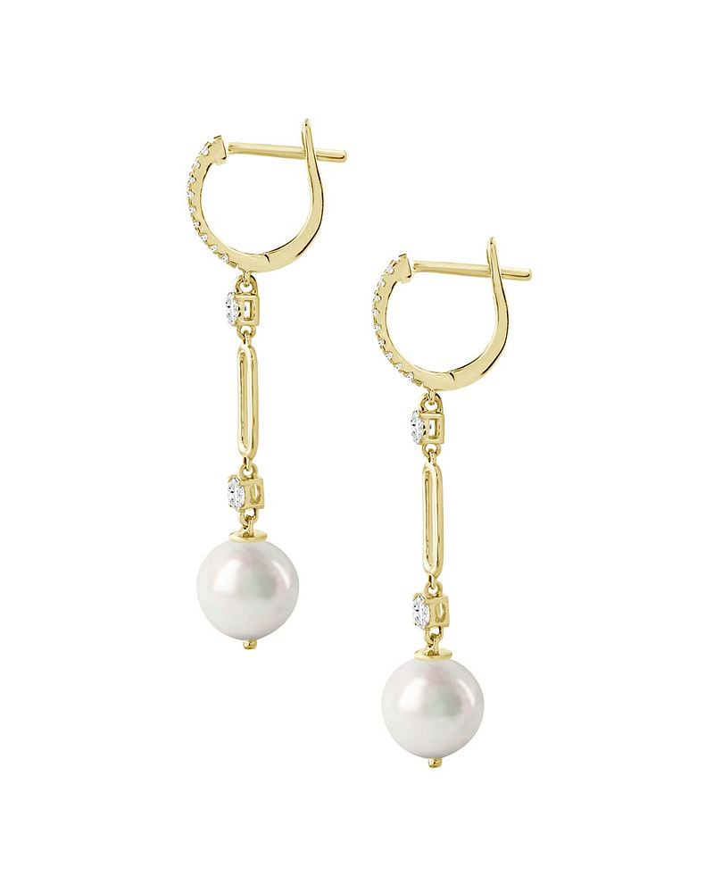 Aros Largos Perlas y Diamantes en Oro Amarillo 18K