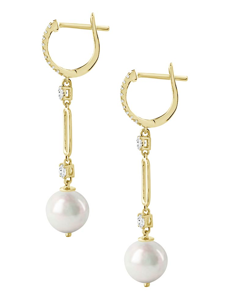 Aros Largos Perlas y Diamantes en Oro Amarillo 18K 2