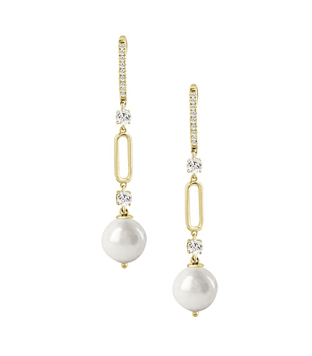 Aros Largos Perlas y Diamantes en Oro Amarillo 18K