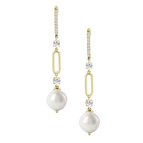 Aros Largos Perlas y Diamantes en Oro Amarillo 18K