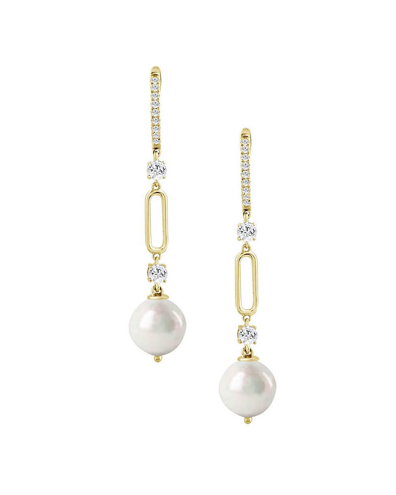 Aros Largos Perlas y Diamantes en Oro Amarillo 18K