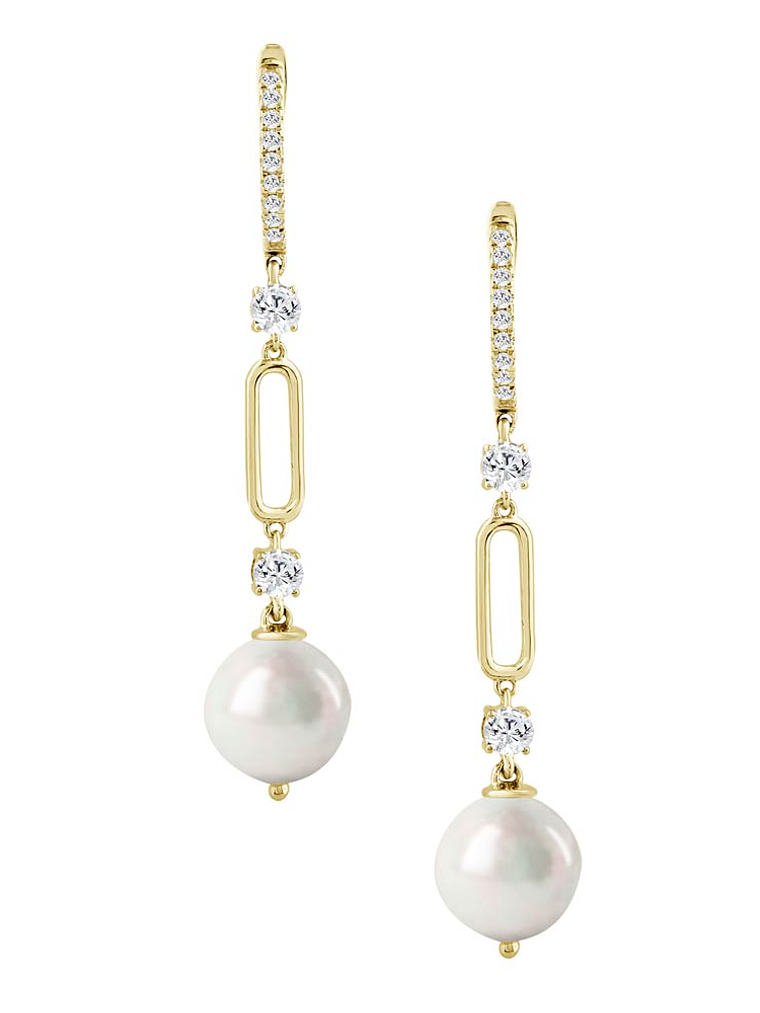 Aros Largos Perlas y Diamantes en Oro Amarillo 18K 1