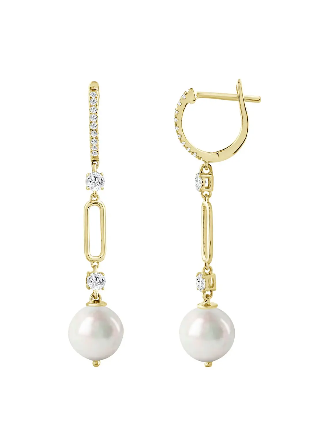 Aros Largos Perlas y Diamantes en Oro Amarillo 18K 3