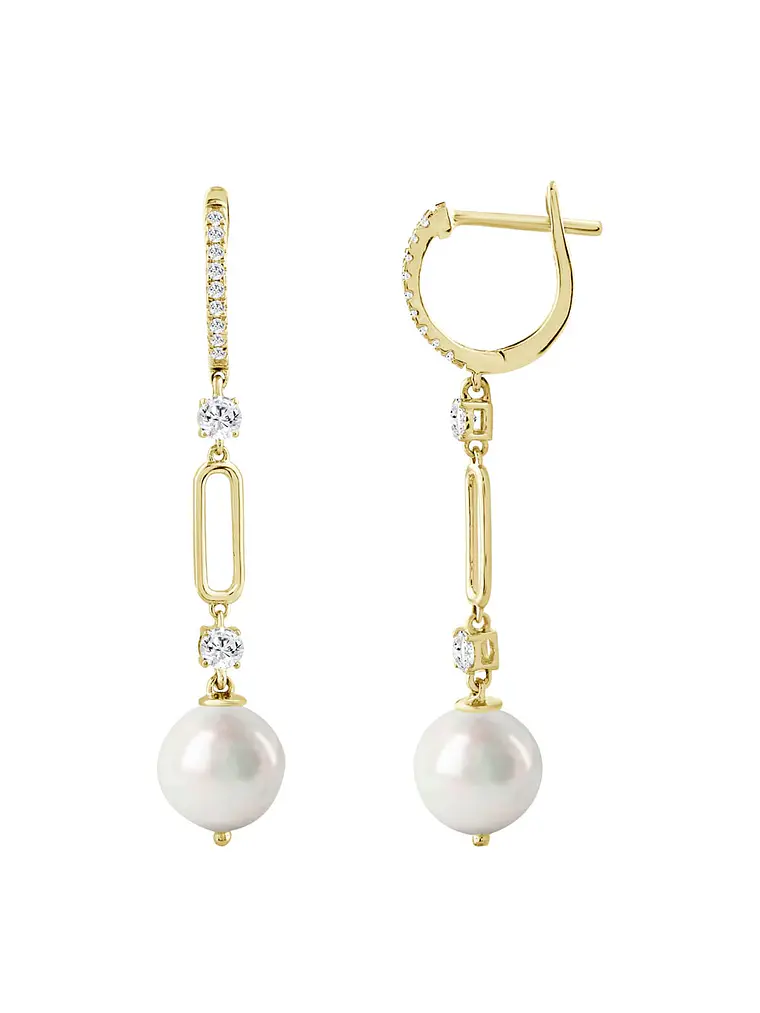 Aros Largos Perlas y Diamantes en Oro Amarillo 18K 3