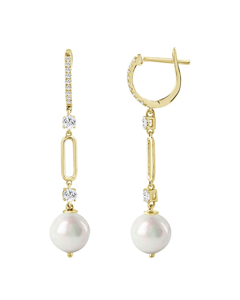 Aros Largos Perlas y Diamantes en Oro Amarillo 18K