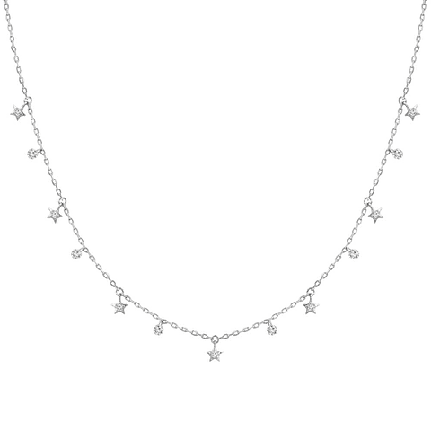 Collar Estrellas y Diamantes Naturales Colgantes en Oro Blanco 18K