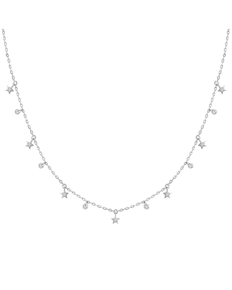 Collar Estrellas y Diamantes Naturales Colgantes en Oro Blanco 18K