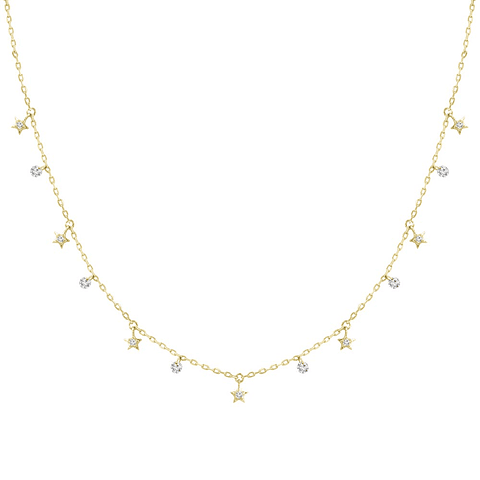 Collar Estrellas y Diamantes Naturales Colgantes en Oro Amarillo 18K